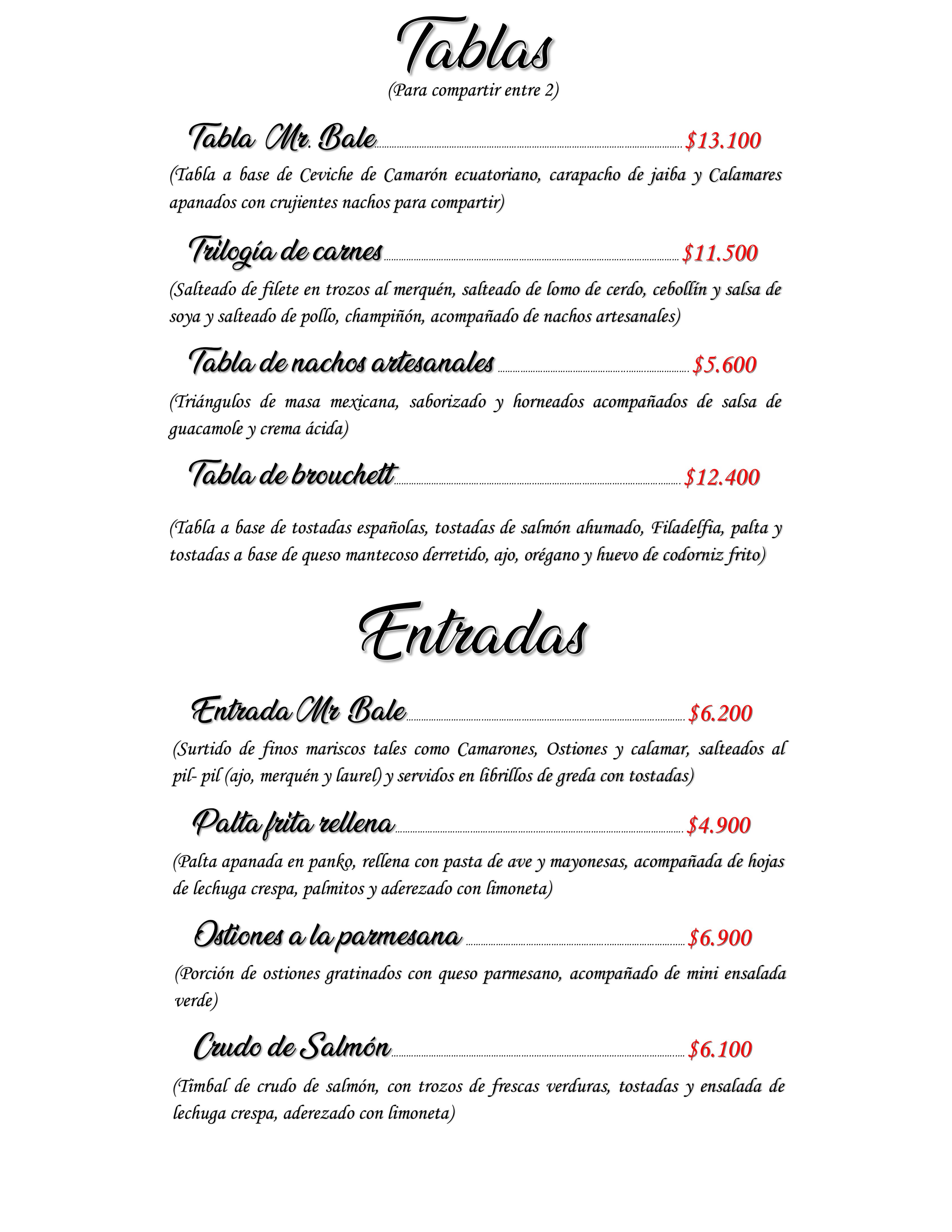 Carta de Mr.Bale Restaurant — página 1